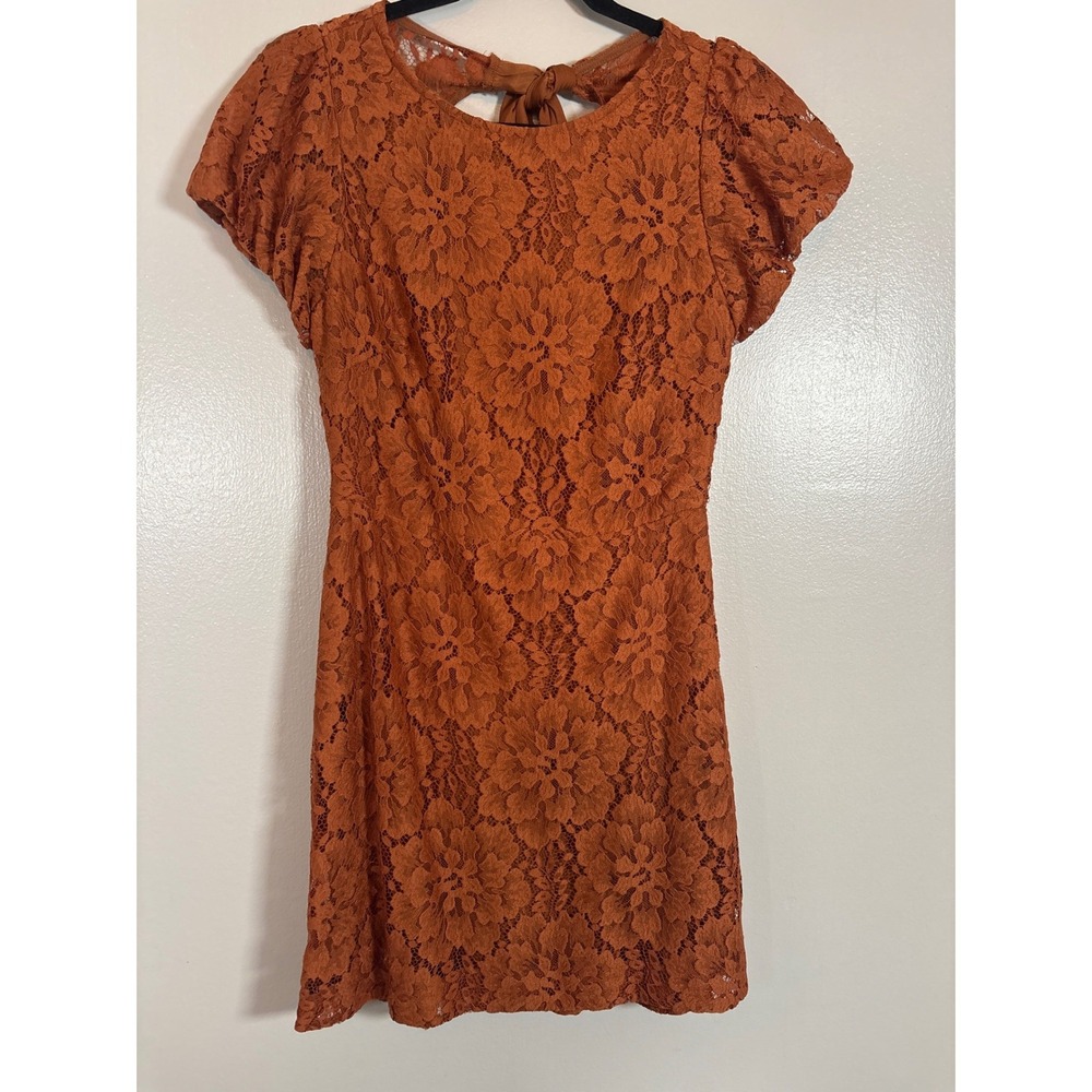 Free People Rust Orange Lace Mini Dress Open Back Tie Smocked Women's Small